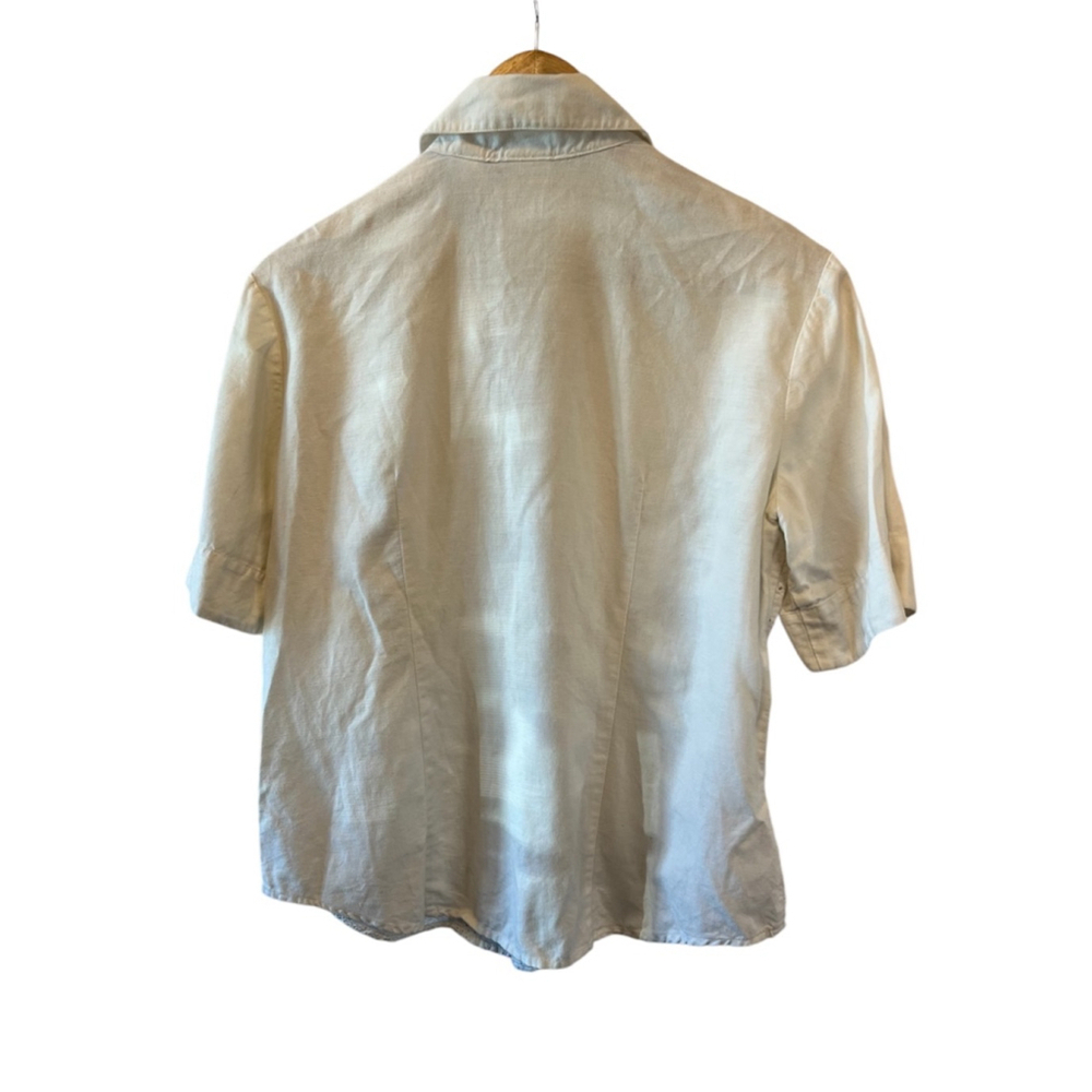 VINTAGE Cream Eyelet Lace Button Up Short Sleeve Collared Shirt S - Picture 2 of 7